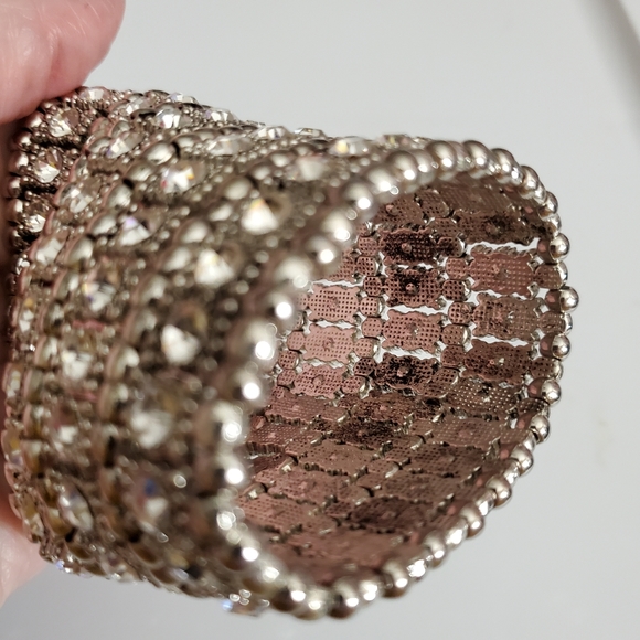 RHINESTONES cuff Bracelet stretch HUGE 5 rows silver beads heavy statement - Picture 8 of 10